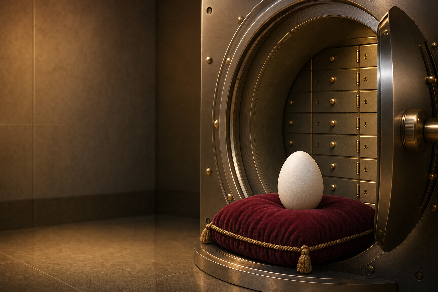 The egg resting on a burgundy velvet cushion inside an open bank vault